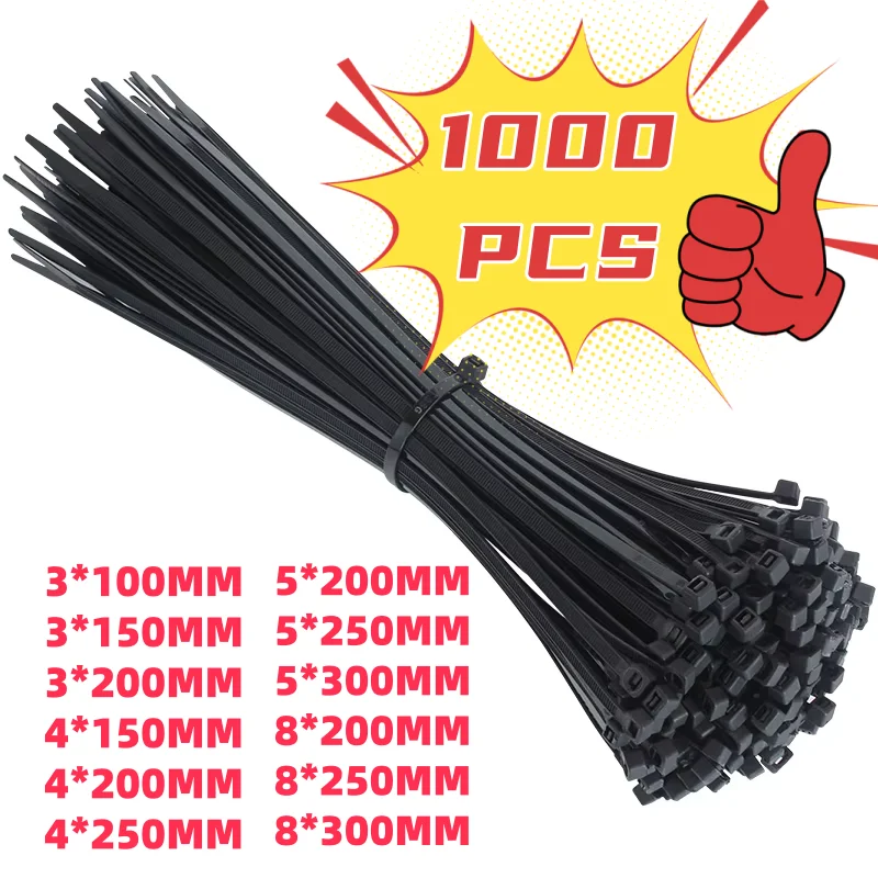 1000/100개 플라스틱 나일론 케이블 타이 셀프락킹 코드 타이 스트랩 조절 가능한 케이블 고정 루프 가정 사무실 와이어 지퍼 타이