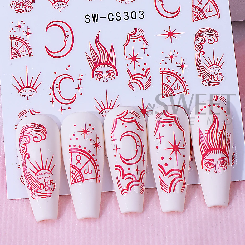 2pcs Star Nail Art Stickers 3D Retro Red Sun Star Moon Line Sliders Design Bohemia Nail Decals Holographic Manicure Decoration