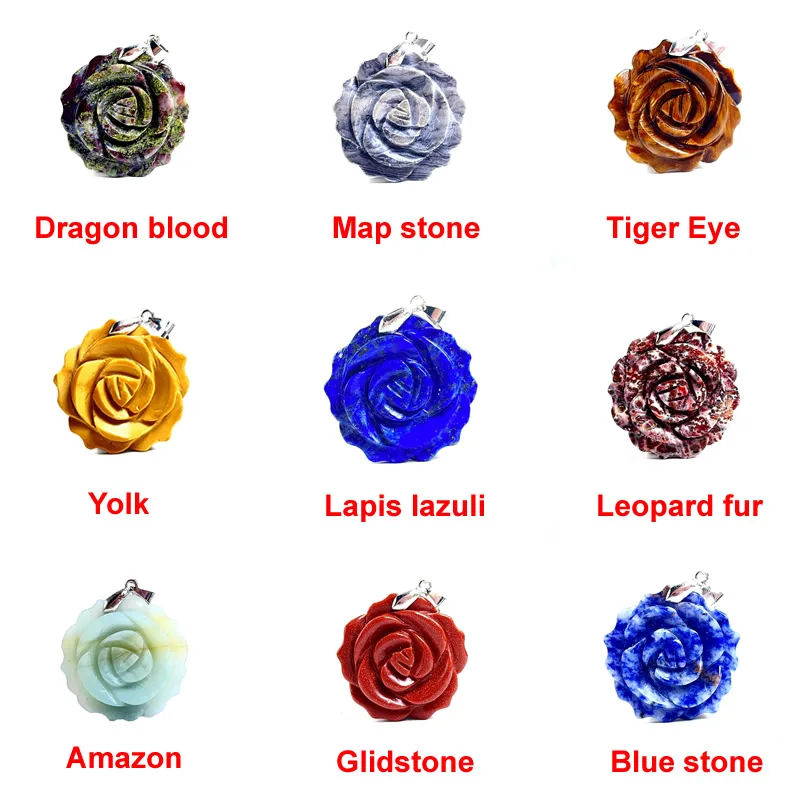 Neuer 35MM Kristall-Geschnitzter Einseitiger Rosen-Anhänger Tigerauge Lapislazuli Amazonit Symbolisches Paar-Liebes-Romantik-Schmuckgeschenk