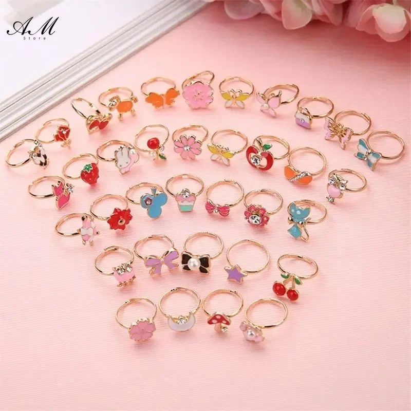 10 Pcs Adjustable Alloy Baby Girl Rings with Heart Shaped Box Cartoon Mix Finger Jewellery Rings Kid Girls Toys Random Color ring set finger ring adjustable rings