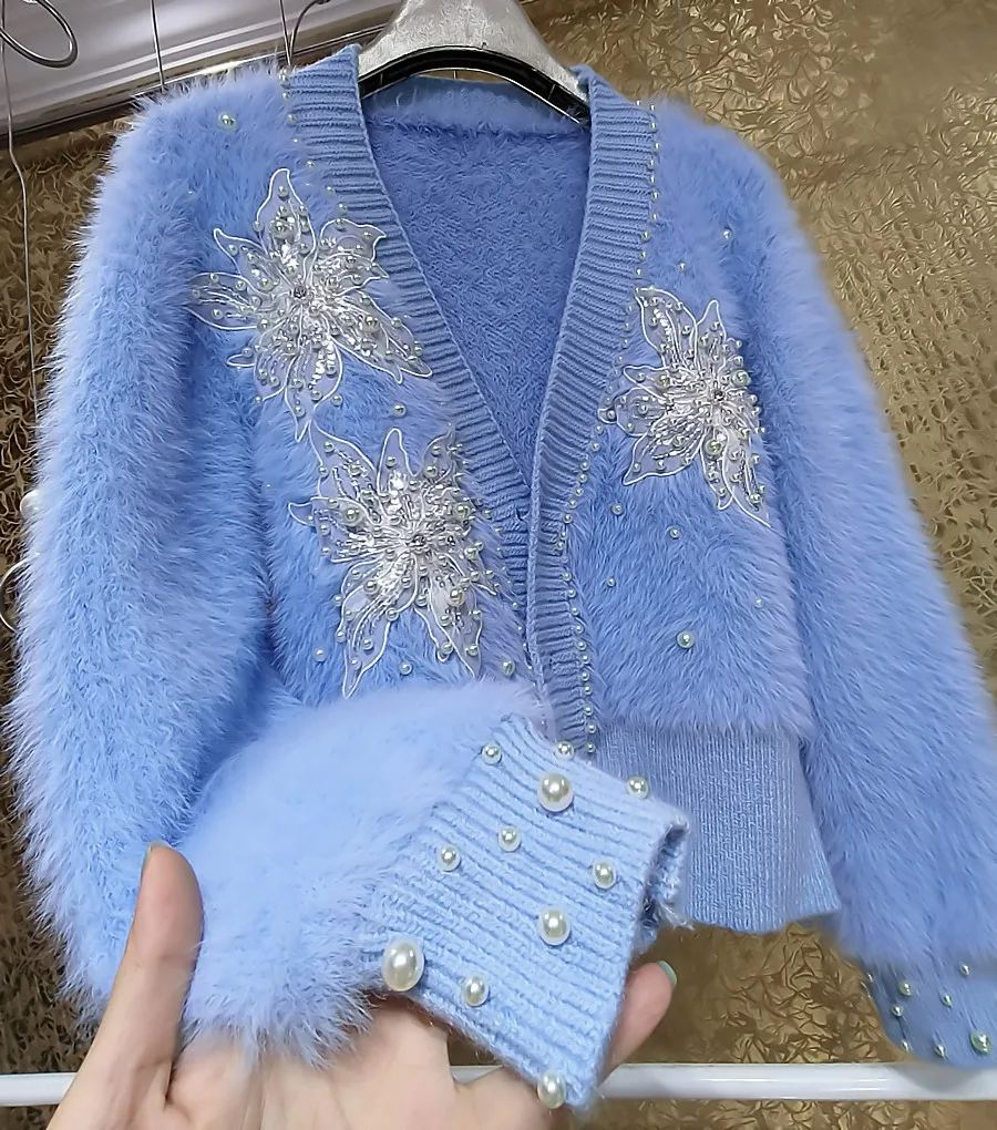 

Rhinestone Thickened Cardigan Women V-neck Embroidered Three-dimensional Flower Plush Sweater Outwear