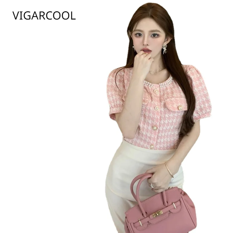

2023 Summer New French Retro Design Sense Thousand Bird Checker Beaded Top Round Neck Bubble Sleeve Shirt Gentle Sweet Beauty
