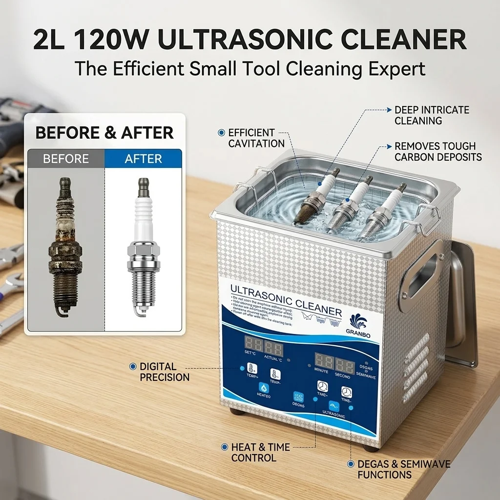 Granbo 2L Digital Ultrasonic Cleaner Bath 120W with DEGAS SEMIWAVE Heating for Medical Dental Clinic Fuel Nozzle 1