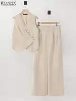 ZANZEA Women Pant Sets Irregular Buttons Vests Wide Leg Trouser Pant Suits Stylish Elegant 2pcs Outfit Streetwear Office Tops - Image 4