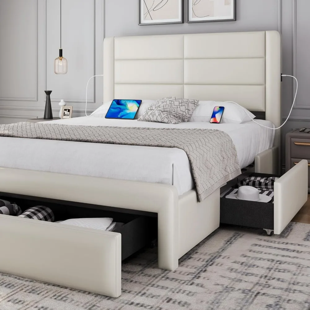 

Full Size Bed Frame, Leather Upholstered Platform Bed with Headboard/Solid Wood Slat Support/No Box Spring Needed/Beige