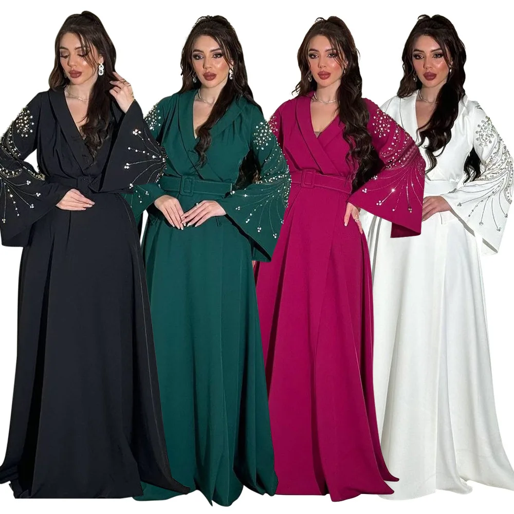 

Женское платье в мусульманском стиле, Свободное длинное платье в стиле Дубай, с расширяющимся книзу рукавом, украшенное стразами, с поясом