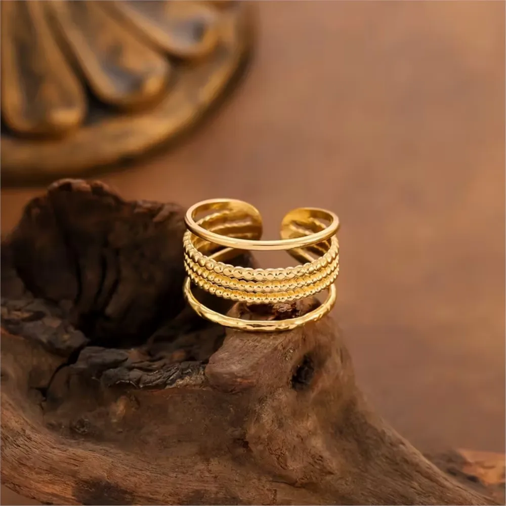 Stainless Steel Multi-Layered Bead Design Open Ring for Women Vintage Bohemian Stackable Ring Jewelry Accessory Gifts