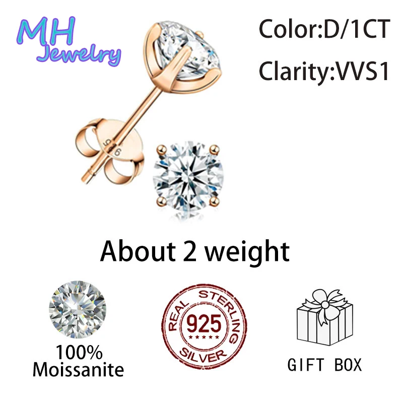 

MH 1Carat 6.5mm D Color Moissanite Stud Earrings For Women Top Quality 100% 925 Sterling Silver Sparkling Wedding fine Jewelry