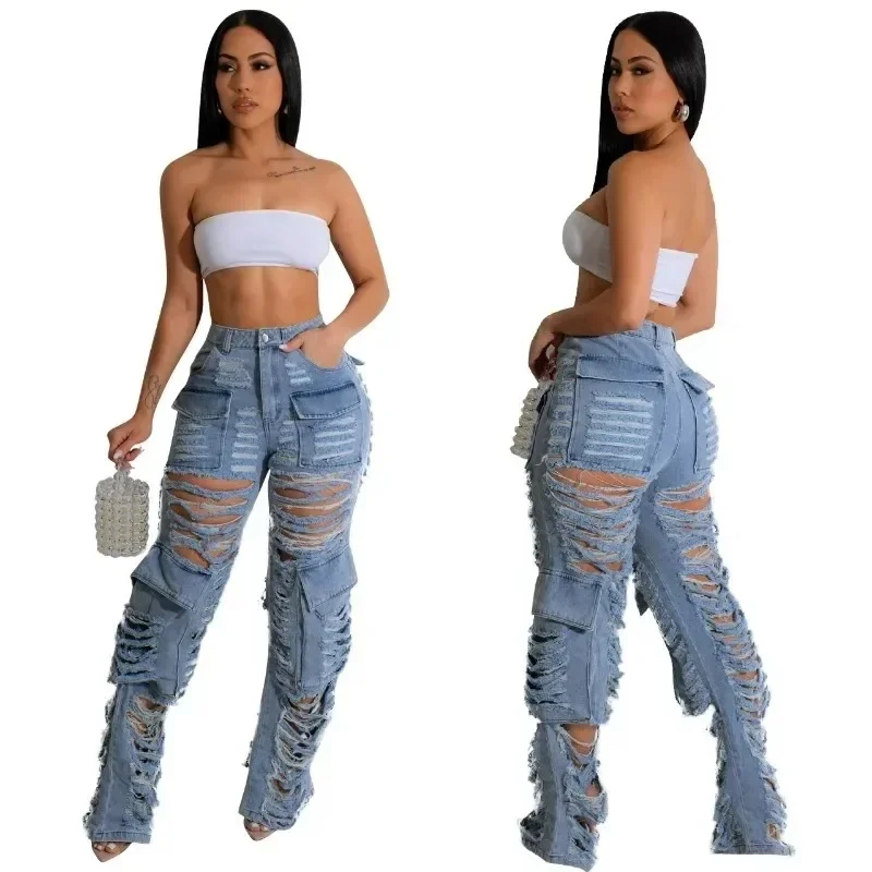 

Distressed Holes Women Denim Cargo Pants Fashion Multi Pockets High Waist Button Fly Ripped Jeans Straight Trousers Streetwear