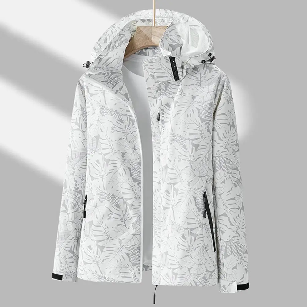 Smooth Lady Windbreaker Stylish Leaf Print Women's Outdoor Windbreaker Waterproof Breathable Hooded Jacket with Zipper for Fall