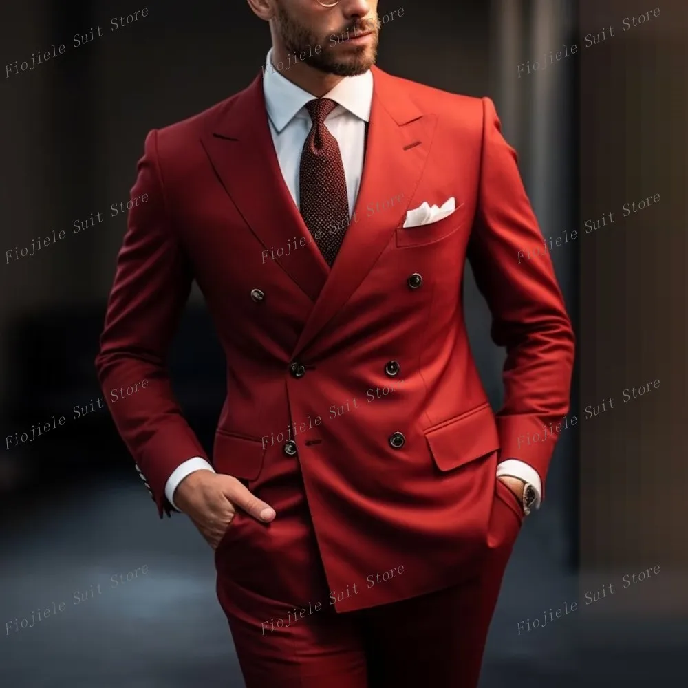 

New Red Men Formal Occasion Business Prom Casual Suit Groom Groomsman Tuxedos Wedding Party Male 2 Piece Set Blazer Pants