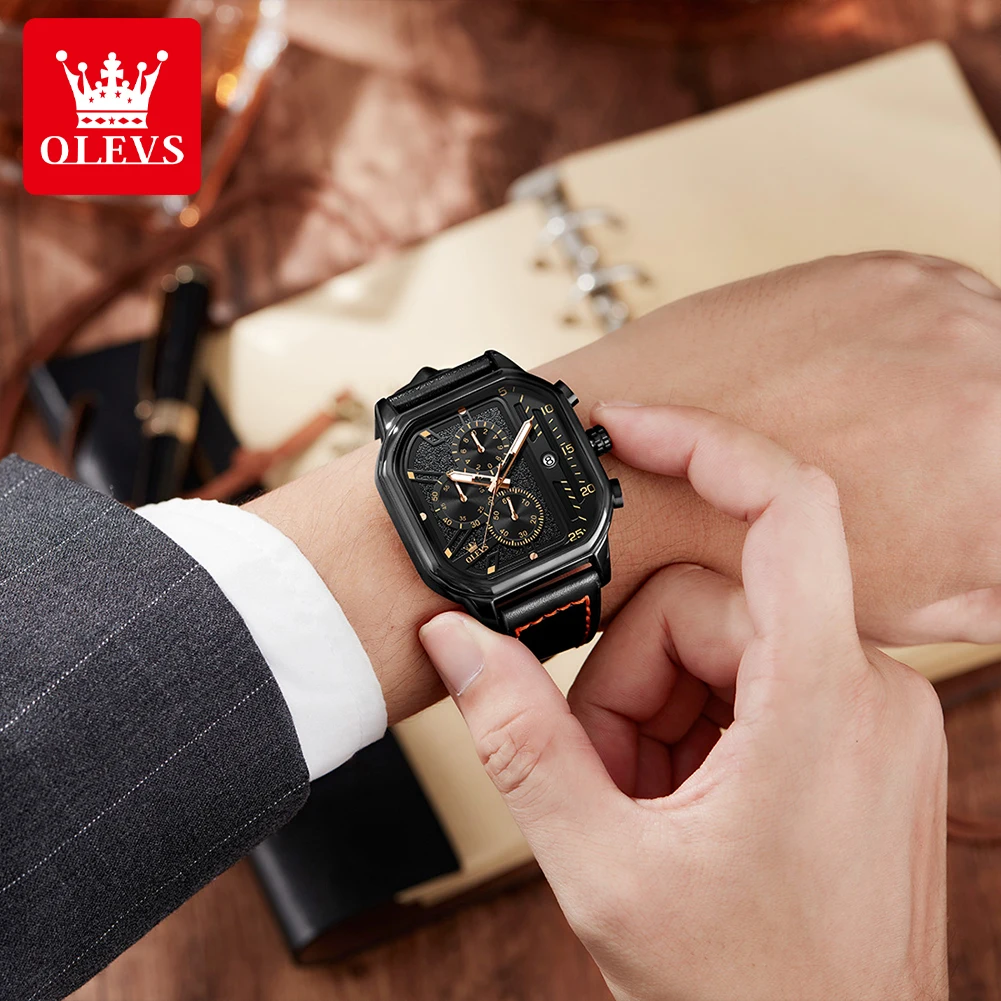 OLEVS 9950 Quartz Watch For Men Original Chronograph Business Leather Wristwatch Waterproof Luminous Calednar Luxury Man Watches