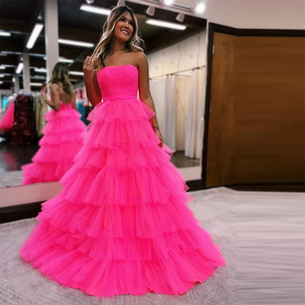

Sevintage Hot Pink Tiered Ruffles Tulle Prom Dresses Sleeveless A-Line Pleat Evening Gown Graduation Party Dress Pageant Gowns