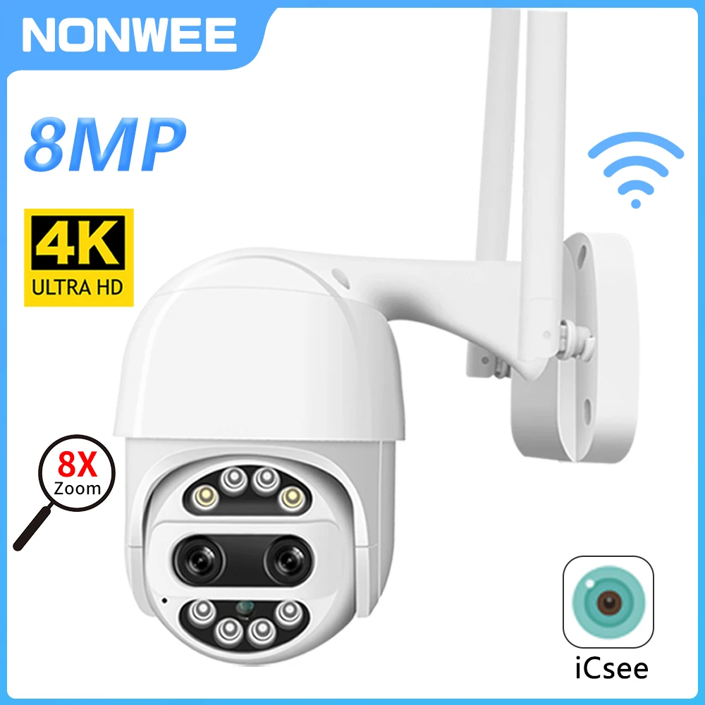 8MP WIFI IP Security Camera Outdoor PTZ Dual Lens 2.8mm-12mm CCTV Video Surveillance Home 8X Digital Zoom AI Tracking ICSEE