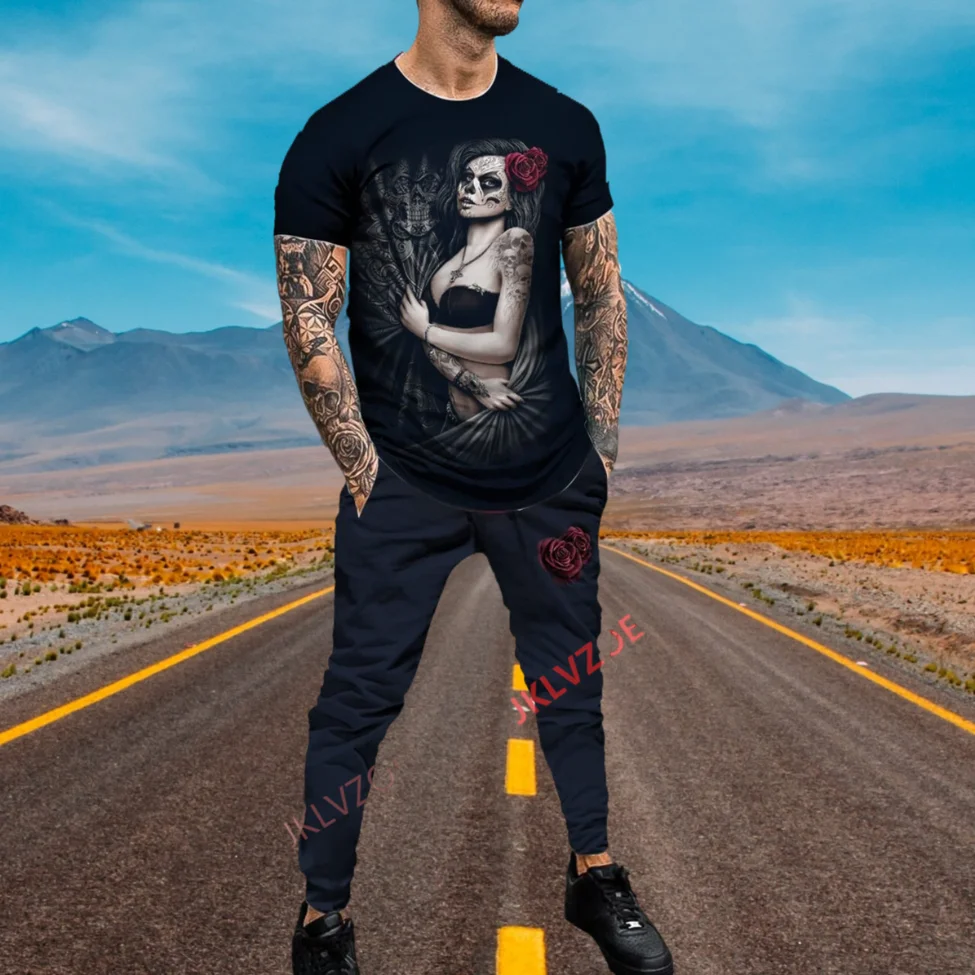 2023 Summer Men's Casual Sports Suit 2-piece Smile Printed T-shirt + Trousers Jogging Suit Fashion Street Short Sleeve Pants