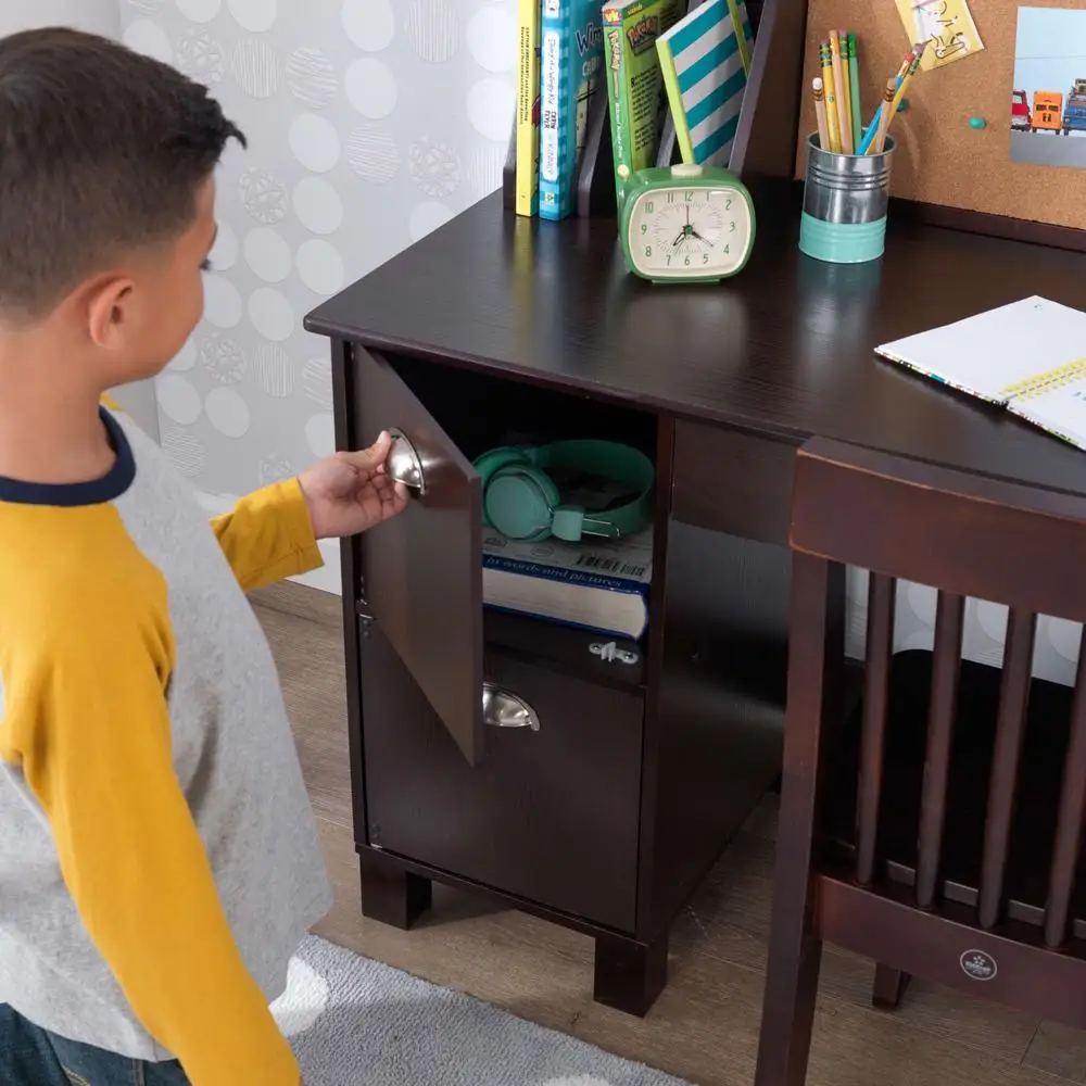 Wooden Child Study Desk with Chair Storage Organizer Bulletin Board Ideal Homework and Crafting 6
