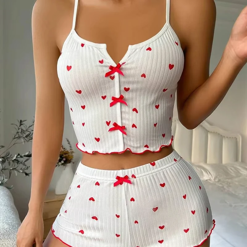 Women Pajamas Set Heart Print Silk V-Neck Sleeveless Shorts