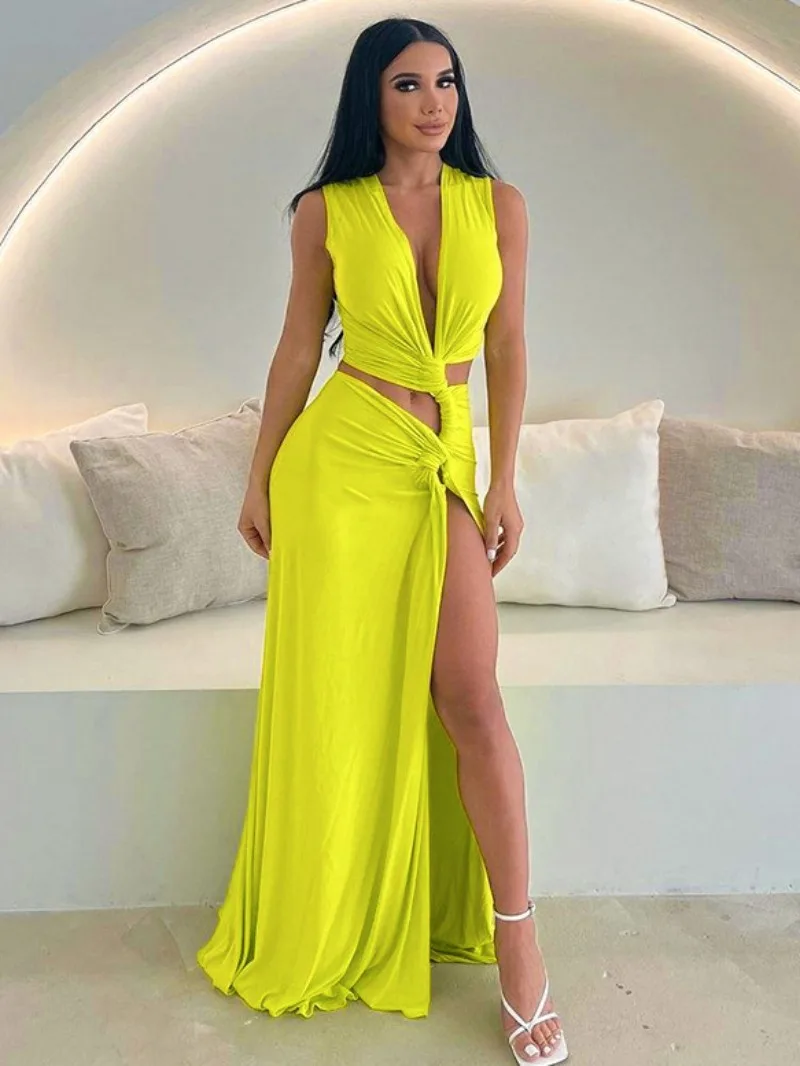 

Woman Clothing Summer Sleeveless High Slit Long Dress 2024 Female Elegant Deep V-neck Hollow Out Bandage Holiday Party Dresses