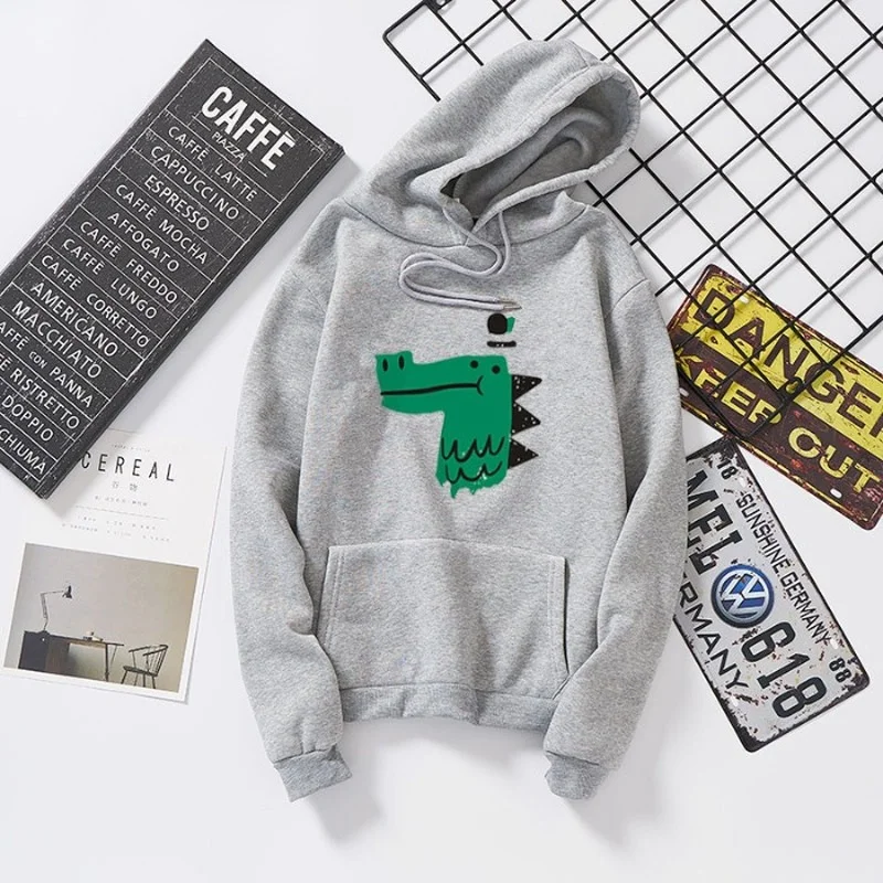 Kawaii Green Crocodile Print Hoodies Sweatshirts 2024 Women Simple Loose Casual Cute Pullover Couple Clothes Harajuku Streetwear