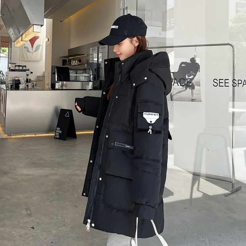 

Пуховик с подкладкой, Женское пальто, 2023, зимняя куртка с капюшоном, Женская парка, пальто, модная, свободная, длинная, толстая, хлопковая верхняя одежда