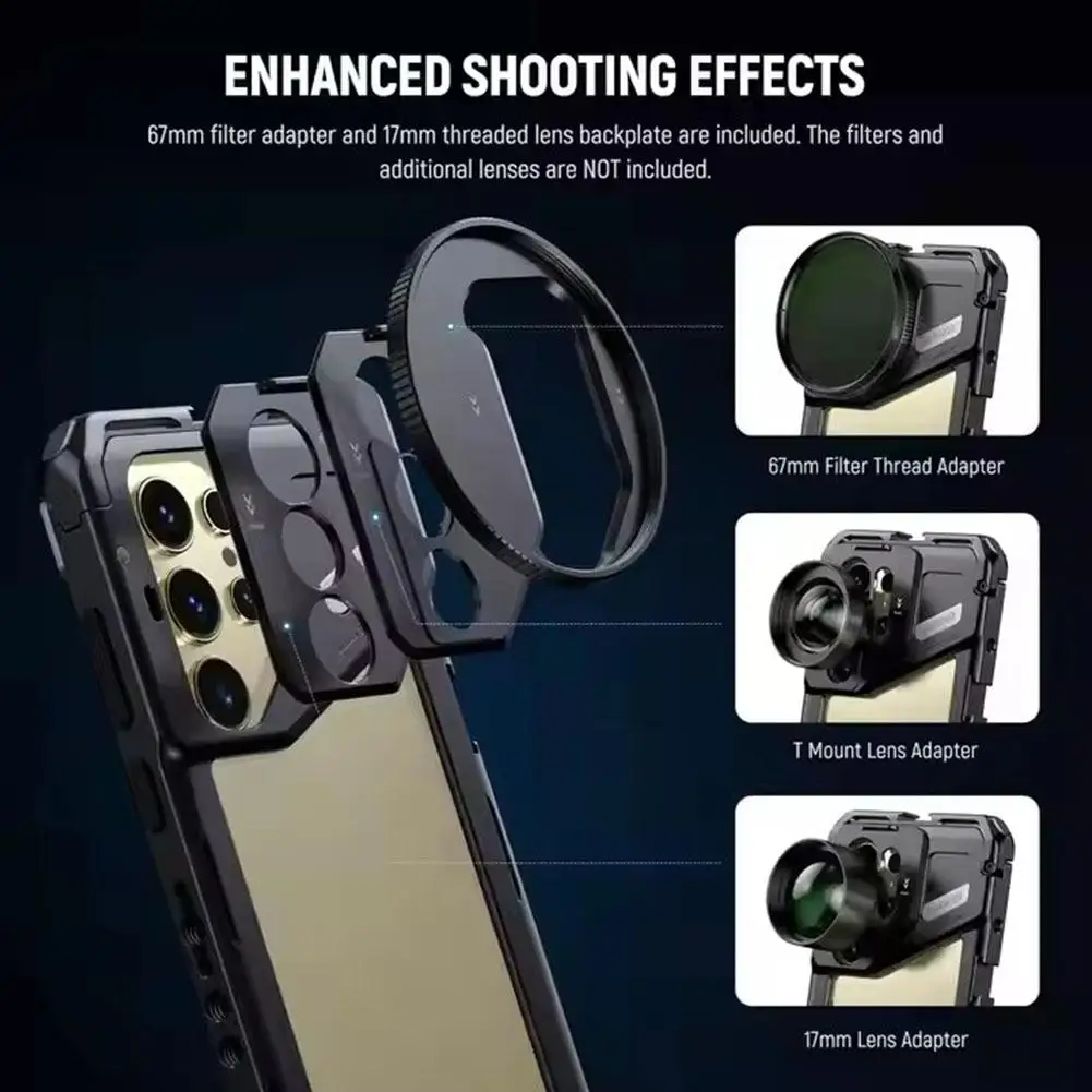 Case for Samsung S25 Ultra Metal Cage Military Grade Rugged Case with 67mm Threaded Filter Adapter 17mm T Mount Lens Adapter