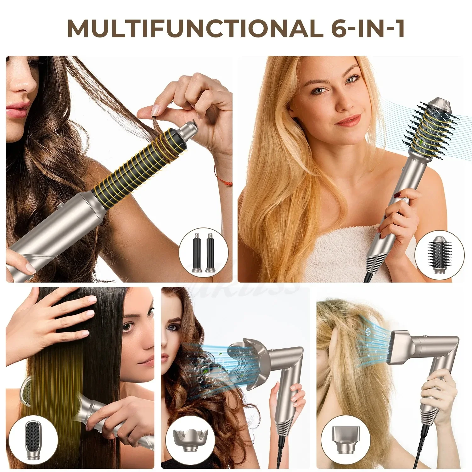 6 in 1 Foldable Hair Dryer Negative Ions Hair Care Hot Air Brush Salon Blow Dryer Wand Ceramic Curling Iron Styler Styling Tools 6