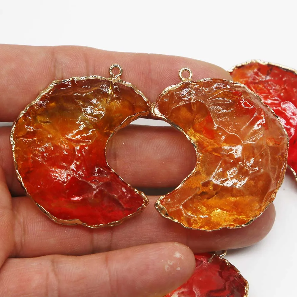 Natural Semiprecious Stone Yellow Red Crystal Crescent Gold Edged Necklace Pendant Charm Jewelry Gift Accessories Wholesale 8Pcs