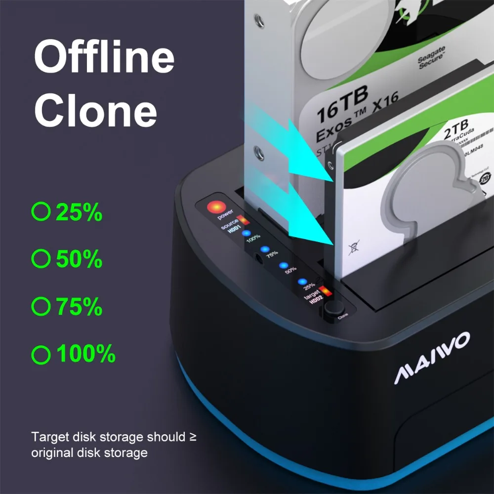 MAIWO-HDD Docking Station com Clone Offline, RGB