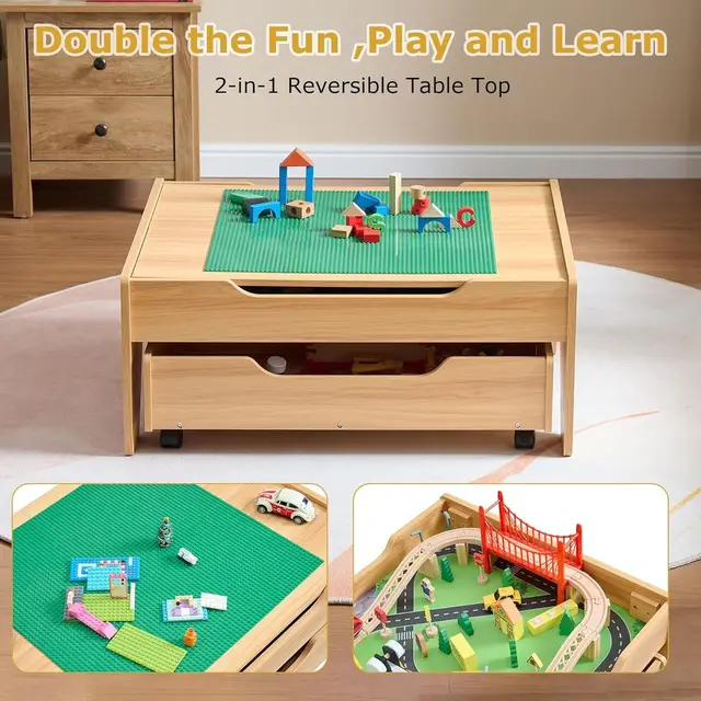 19953-45a01a.jpg 3-in-1 Wooden Train Activity Table with Storage, Rolling Toddler Train Track Table for Building and Gaming