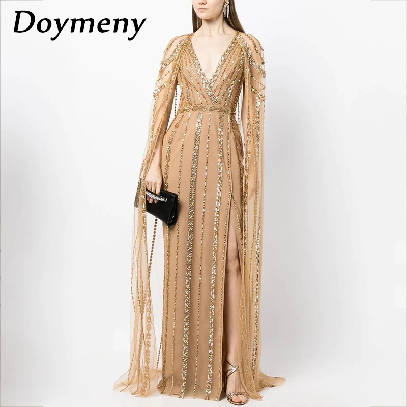 

Doymeny Women’s Luxury Prom Dress V- neck Beaded Sequined A-line Split Cape Cocktail Formal Evening Party Gowns vestido de gala