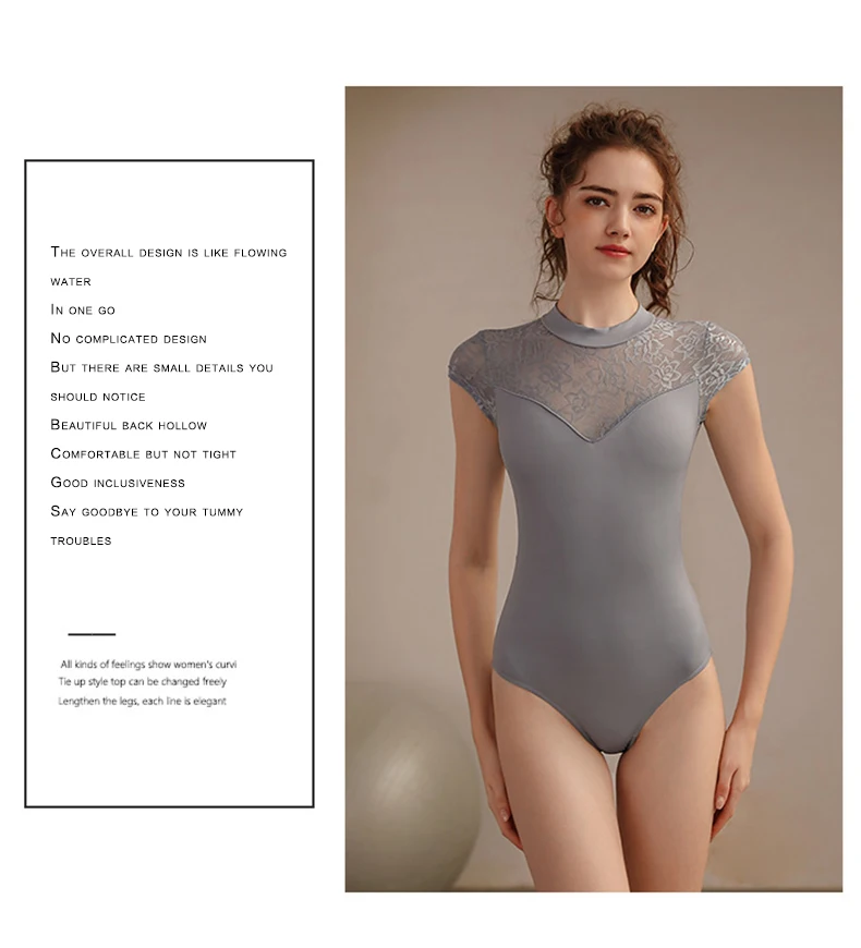 Gymwear Damen Sommer Kurzarm-Ballett-Übungsanzug für Erwachsene, Einteiler für Eiskunstlauf und Aerial Yoga – Detail 3