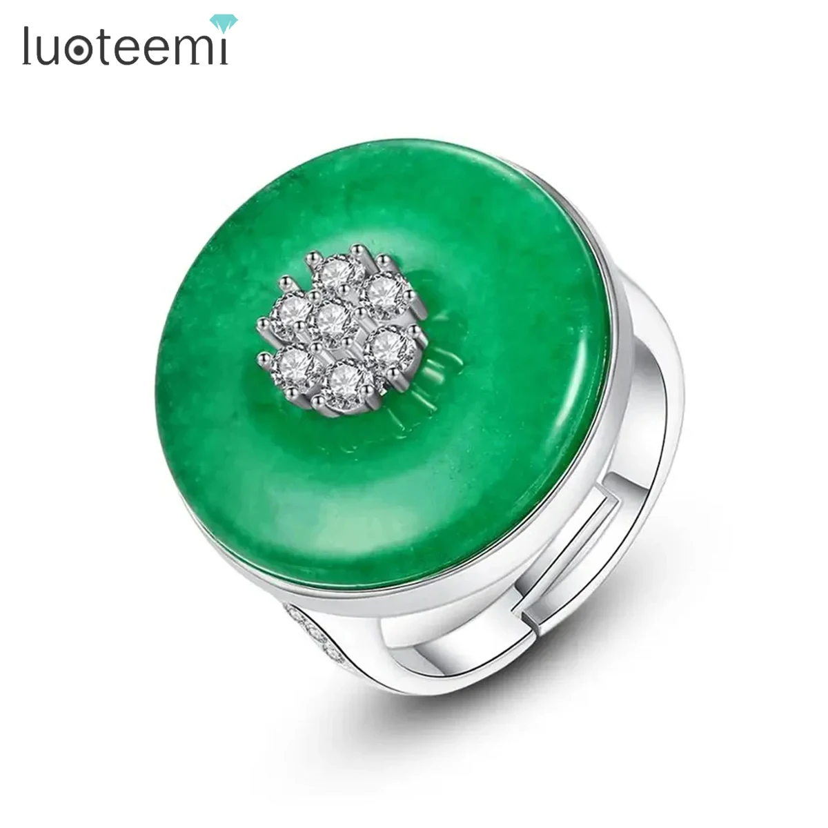 

LUOTEEMI Vintage Green Round Stone Adjustable Circular Ring for Women Imitation Jade Wedding Dating Luxury CZ Christmas Gift