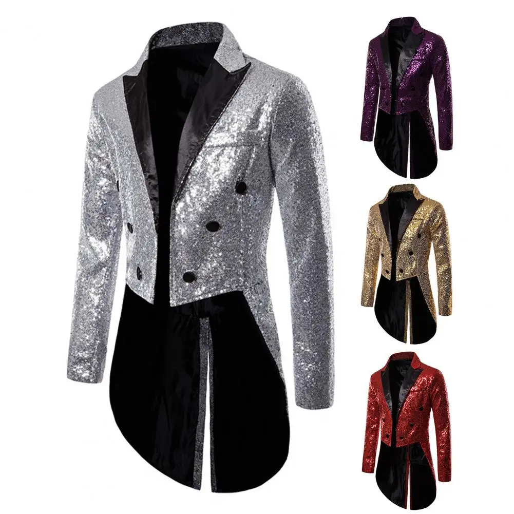 Party Sequin Blazer and Collar Dazzling Sequins Blazer Jacket Sparkly Sequins Stand Collar Split Hem Nightclub Prom Suit Tuxedo