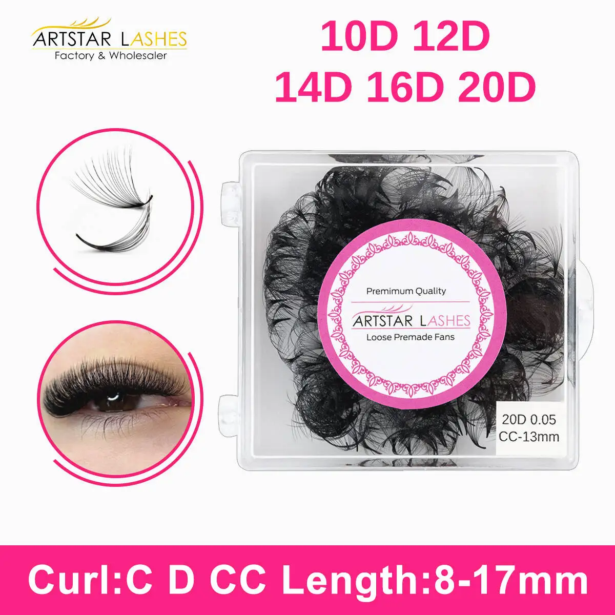 ARTSTAR 500Fans Loose Fans Eyelash Extensions 10D 12D 14D 16D 20D Pointy Base Lashes 8-17mm Length 0.03mm Thickness Volume Lash
