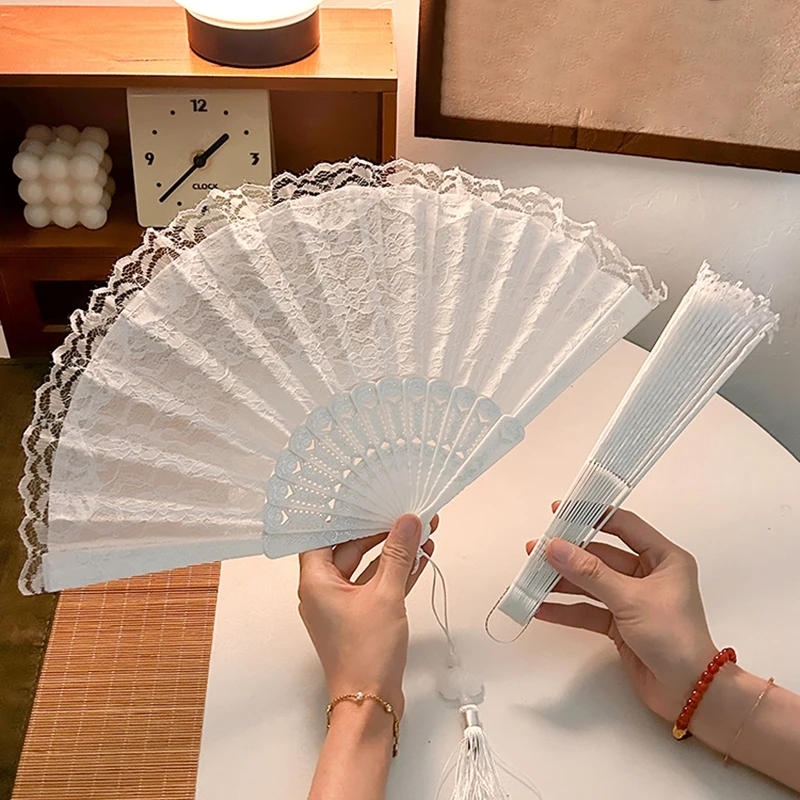 Folding Fan Lace Flower Decor Chinese Style Fan Hand Held Anitque Art Craft Japnese Summer Female Dance Home Party Decoration folding fan hand fan