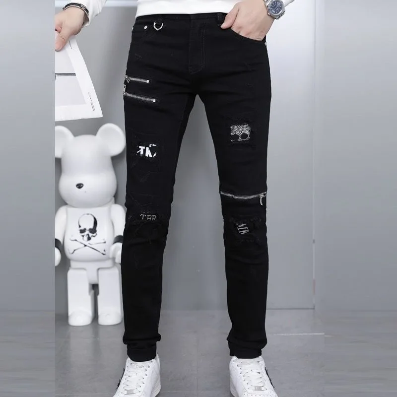 Spring and Autumn Fashion Trend Black Straight Leg Ripped Jeans Men's Casual Comfort Breathable High-Quality Denim Pants