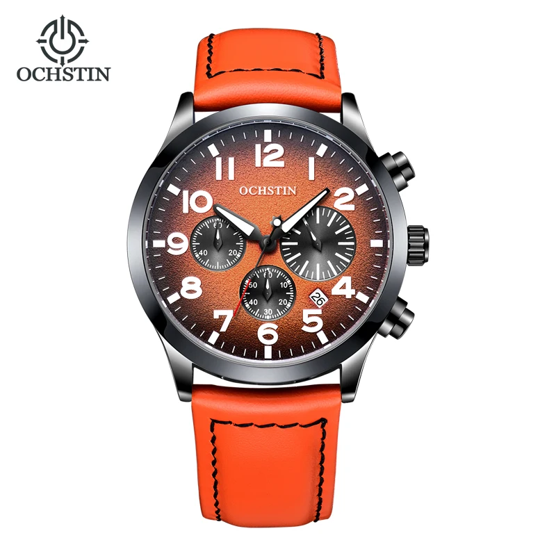 

OCHSTIN Chronograph Watch Quartz Analog Clock Men Leather Strap Fashion Sport Wristwatch Stop Watch Auto Date 42mm Free Shipping