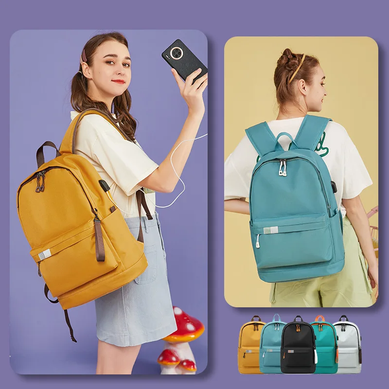Backpack Women's New Trend School Bag Middle School College Student Leisure Travel Neutral Solid Color Oxford Cloth Backpack