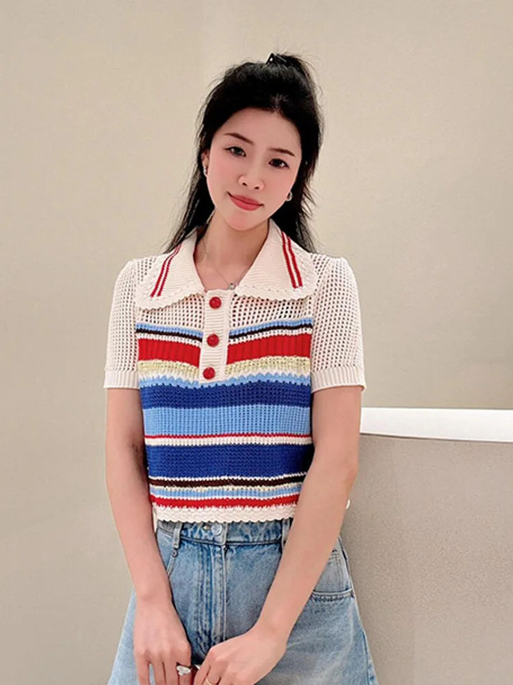 women's-knitted-t-shirt-2024-new-striped-hollow-out-turn-down-collar-vintage-short-sleeve-tee