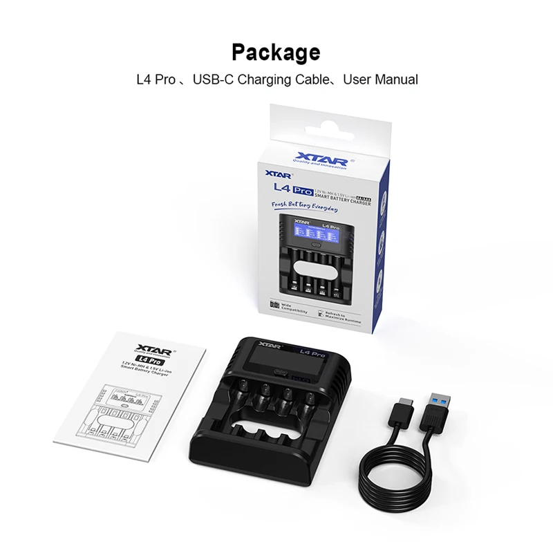 XTAR L4 Pro smart charger for AA AAA 1.5V Li-ion and Ni-MH batteries with smart repair low heat and safety protection adapter