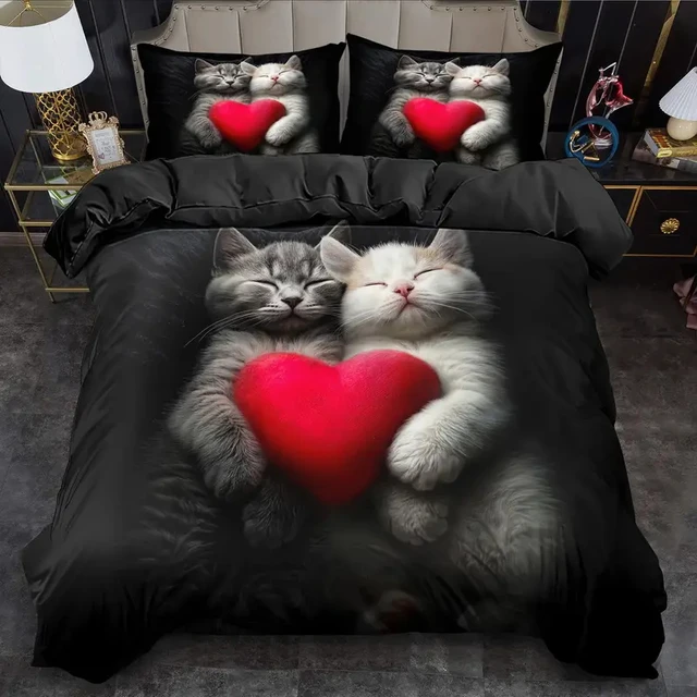 Ensemble de housse de couette chat mignon 3 pièces, housse de couette imprimée numérique 3D, ensemble de literie doux et confortable et respirant pour chambre à coucher, dortoir 1