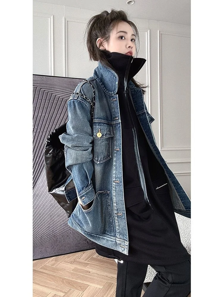 

Women's Single Breasted Denim Jacket with Big Pockets, Ladies' Vintage Coat, Loose Fashion Cowboy , Spring and Autumn Streetwear