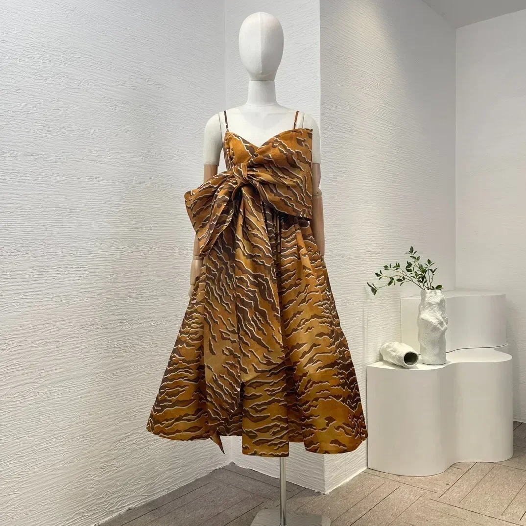 

Women High Quality 2024 Spring Summer Holiday Crinkle Silk Big Bow Tiger Stripes Printing Midi Dresses