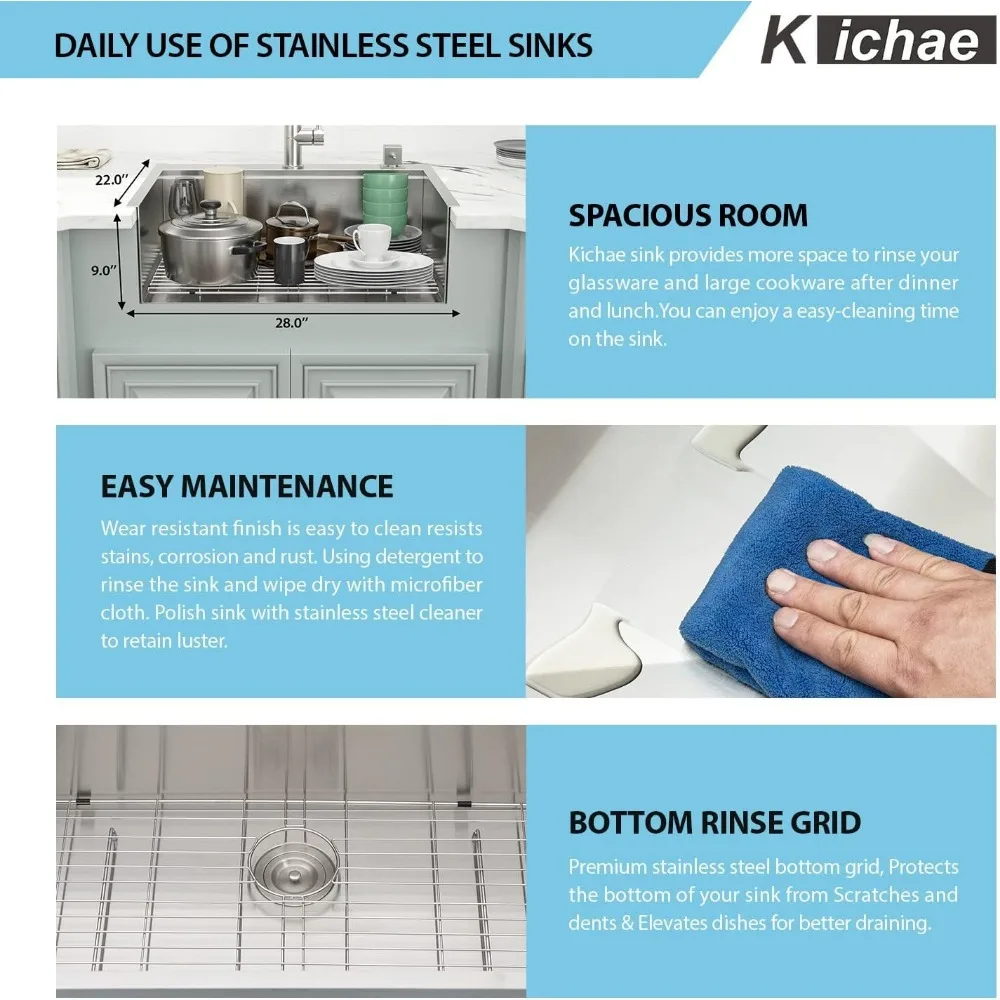 28 Kitchen Sink Drop In - 28x22 Inch Drop Sink Workstation Stainless Steel Single Bowl Topmount Overmount Kitchen Sink Handmade 5