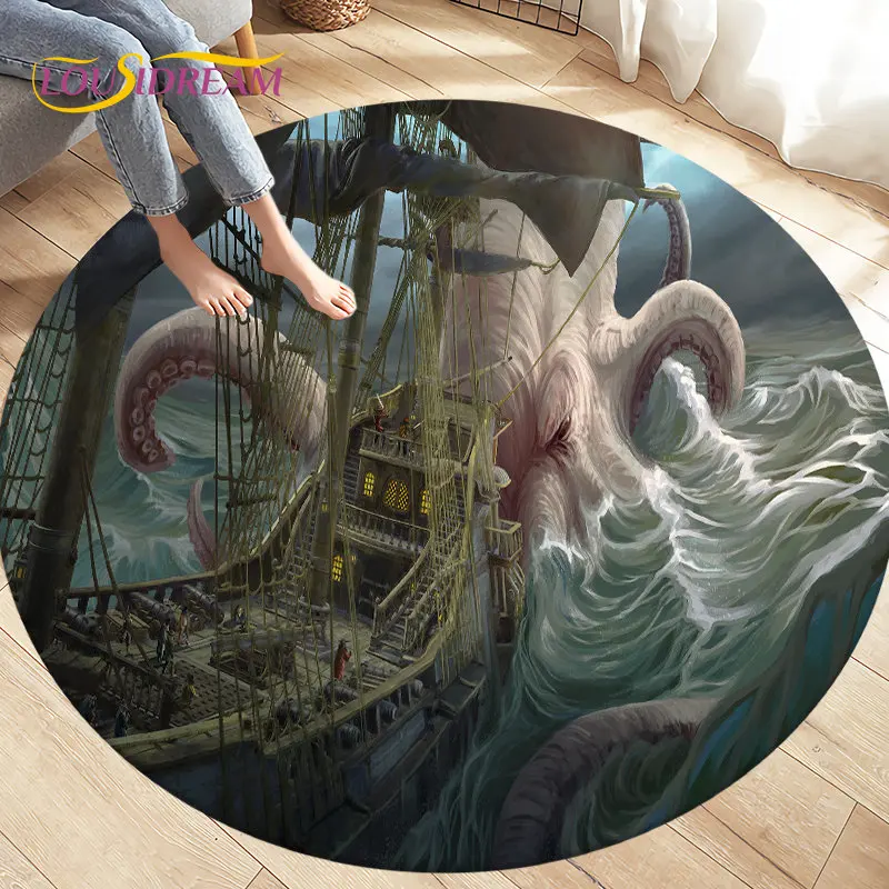 

Sea monster, Boat Ship Barque Area Rug,Round Carpet Rug for Living Room Bedroom Sofa Decoration,Kid Play Game Non-slip Floor Mat