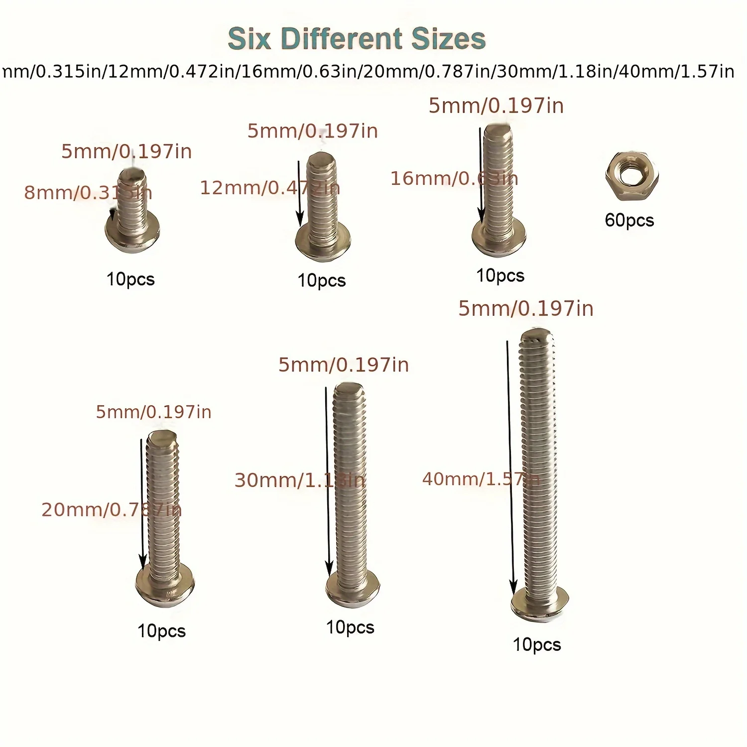 120Pcs M5 x 8mm,12mm,16mm,20mm,30mm,40mm Hex Socket Head Cap Bolts Nuts Screws Assortment Set 304 Stainless Steel