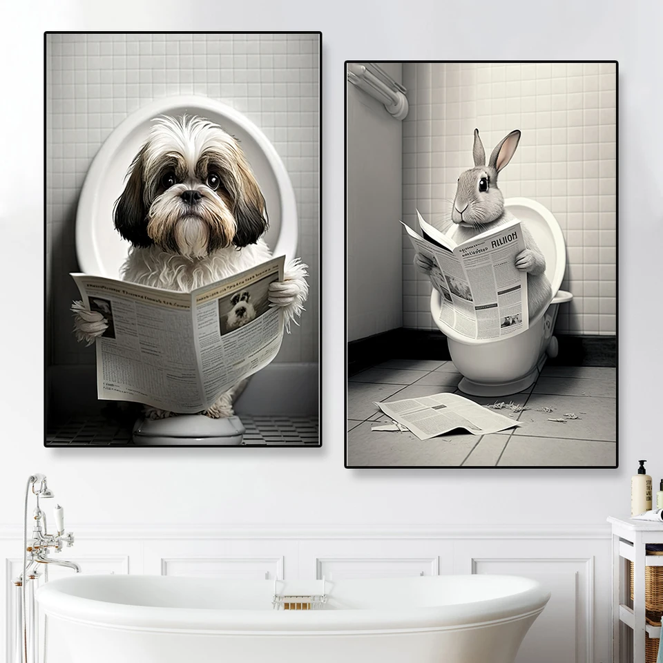 CCWACPP Divertente tela da bagno con leone seduto in bagno leggendo giornali pittura stampa bagno animali decorazione da parete (senza cornice - leone, 40 x 60 cm