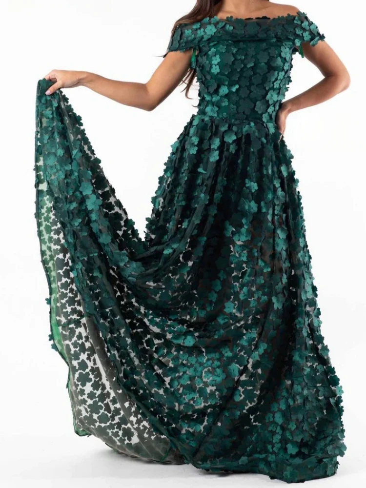 

Quaity Emerad 3D Flower Women Prom Dresses Off Shoulder A Line Floor Length Evening Formal Wear Wedding Party Dress Vestidos