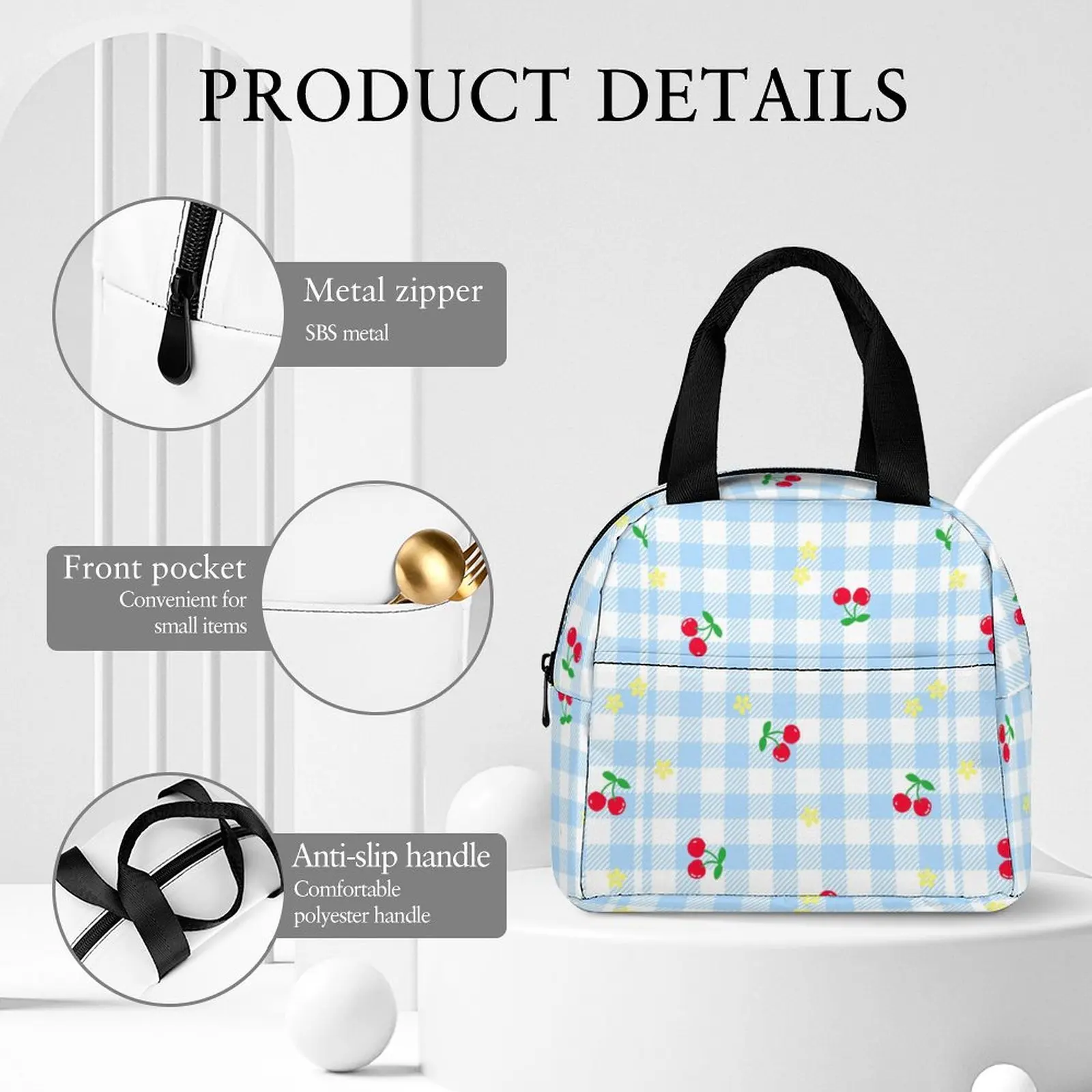Custom Pattern Tote Lunch Bags for Women Blue White Checkered Portable Meal Bag Picnic Travel Breakfast Box Office Work School