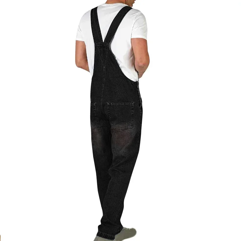 Spring/summer men's jeans small leg suspenders one-piece high-waisted solid color plus size personality blue long suspenders